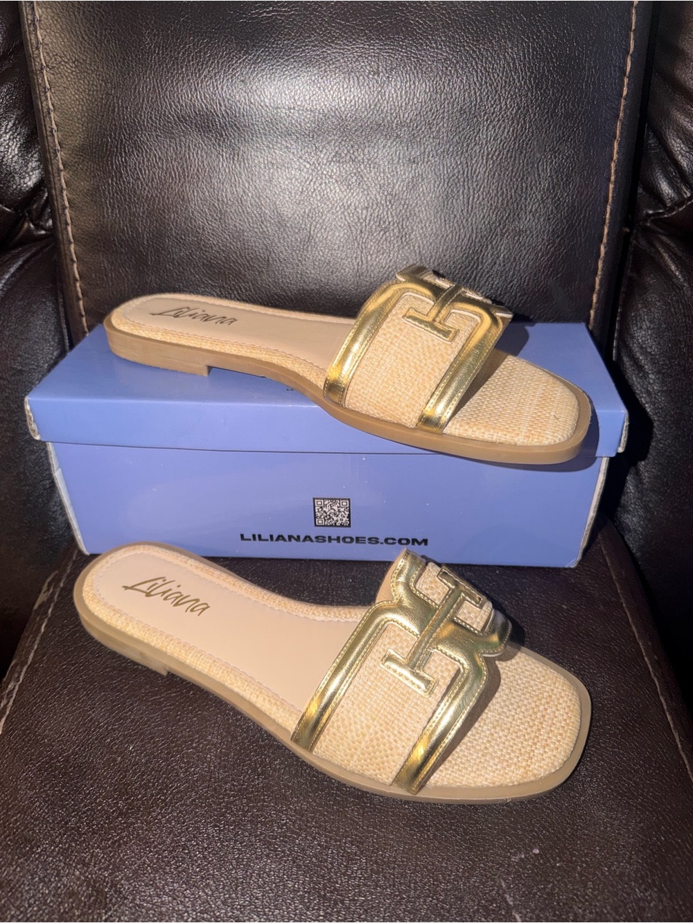 Liliana Gold and Natural Woven Slide Mules